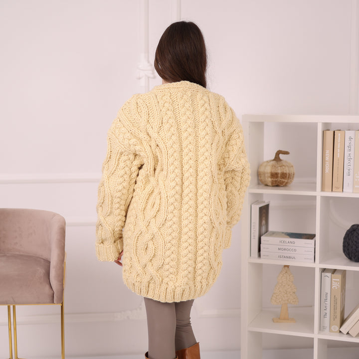 Chunky Wool Cardigan – Hand Knitted 100% Wool Cable Knit Sweater T2195