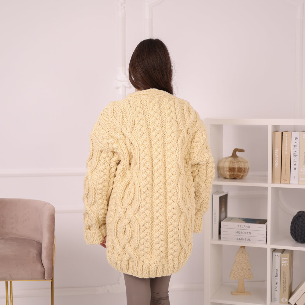 Chunky Wool Cardigan – Hand Knitted 100% Wool Cable Knit Sweater T2195
