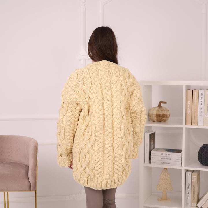Chunky Wool Cardigan – Hand Knitted 100% Wool Cable Knit Sweater T2195