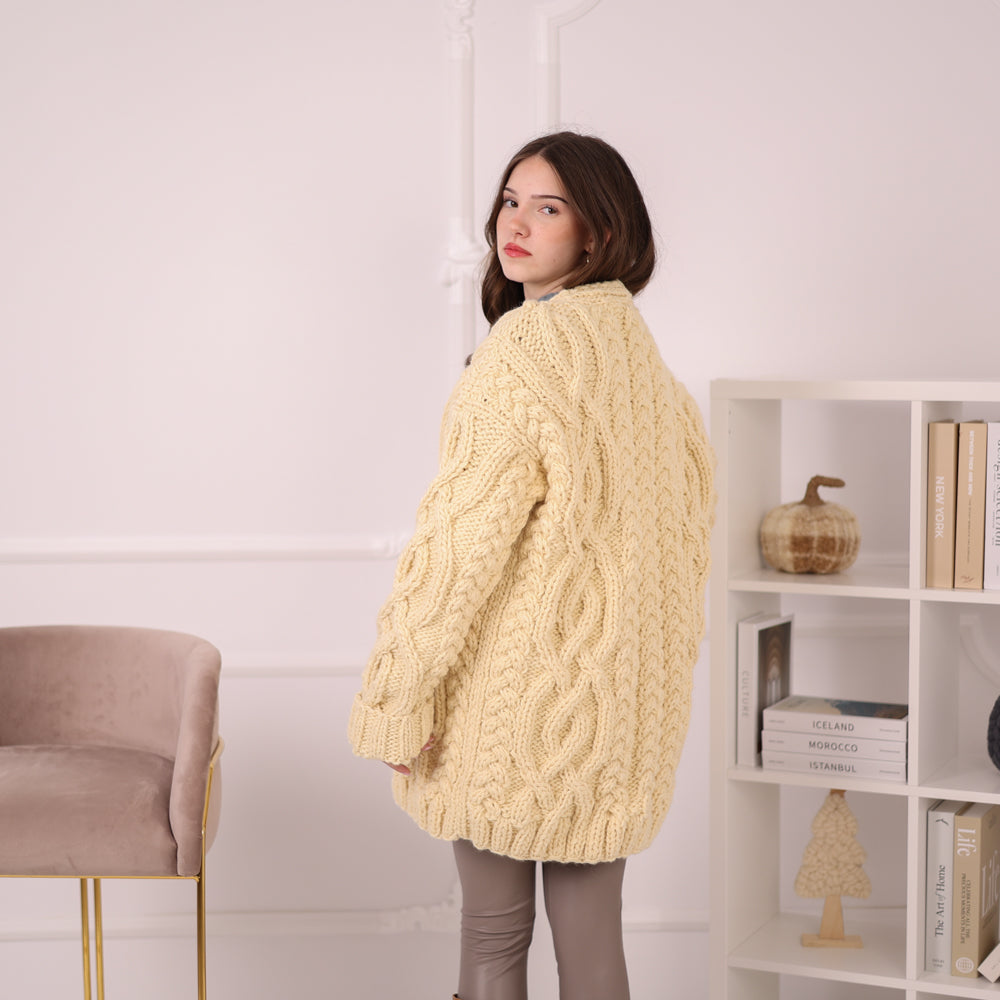 Chunky Wool Cardigan – Hand Knitted 100% Wool Cable Knit Sweater T2195