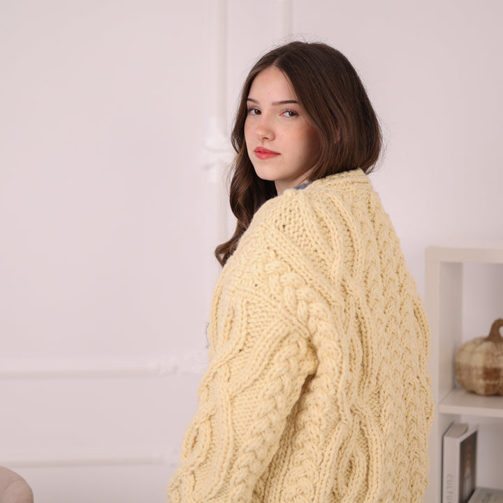 Chunky Wool Cardigan – Hand Knitted 100% Wool Cable Knit Sweater T2195