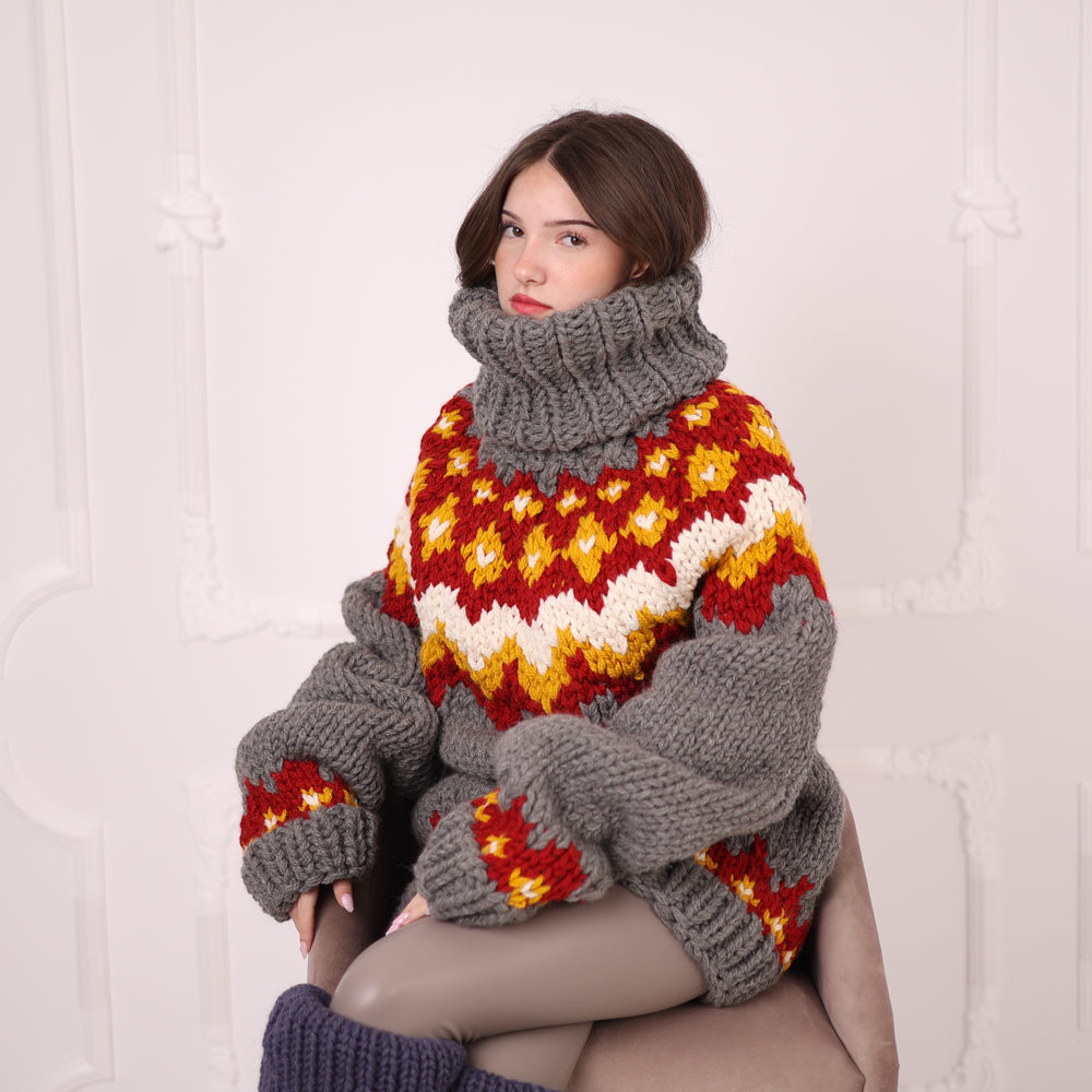 Hand Knitted Icelandic Wool Sweater, Chunky Nordic Fair Isle Turtleneck Sweater T2203
