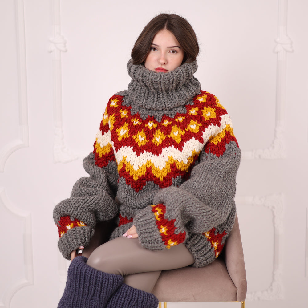 Hand Knitted Icelandic Wool Sweater, Chunky Nordic Fair Isle Turtleneck Sweater T2203