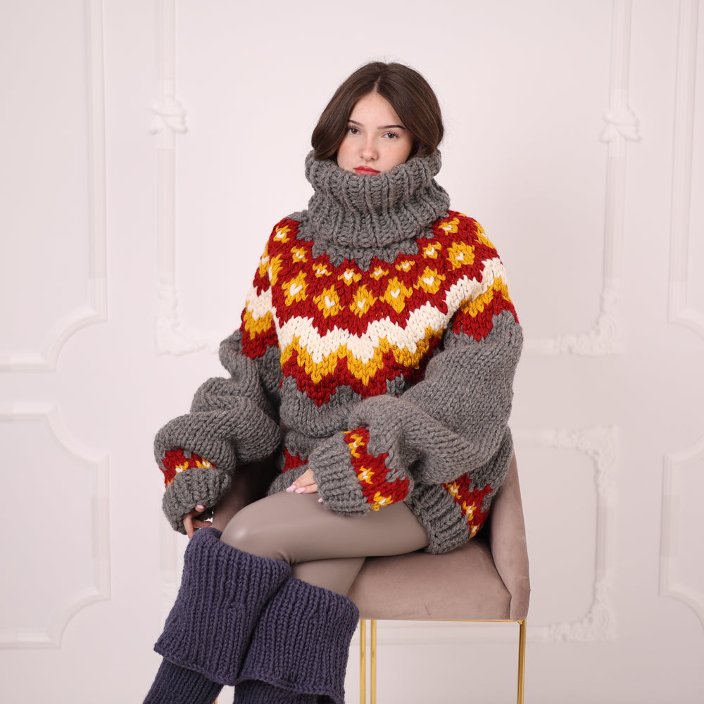 Hand Knitted Icelandic Wool Sweater, Chunky Nordic Fair Isle Turtleneck Sweater T2203