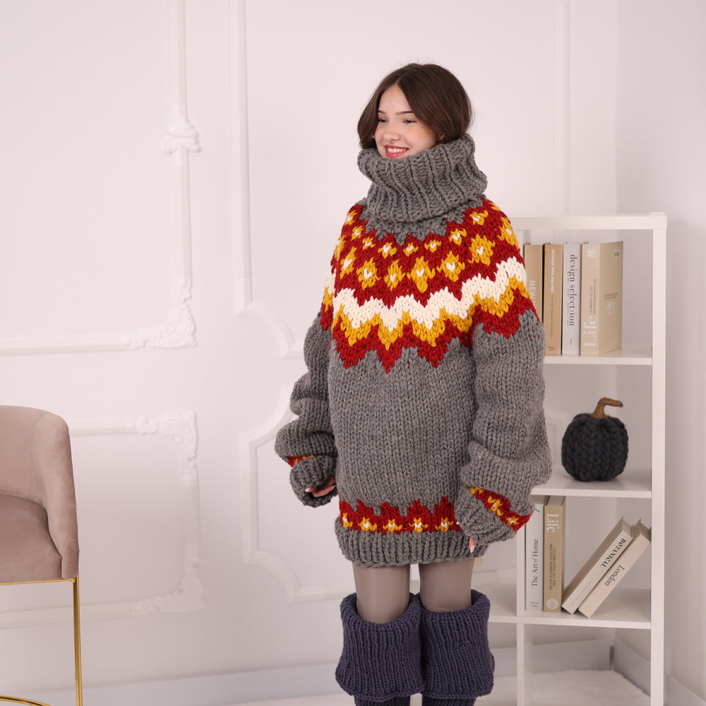 Hand Knitted Icelandic Wool Sweater, Chunky Nordic Fair Isle Turtleneck Sweater T2203