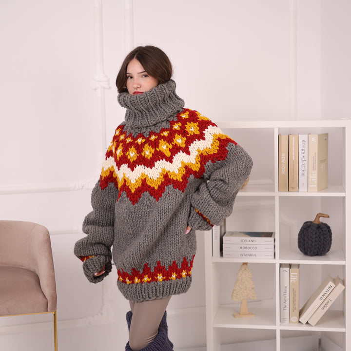 Hand Knitted Icelandic Wool Sweater, Chunky Nordic Fair Isle Turtleneck Sweater T2203