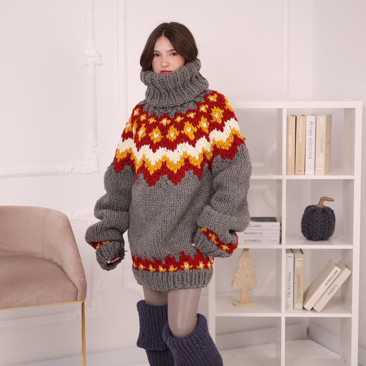 Hand Knitted Icelandic Wool Sweater, Chunky Nordic Fair Isle Turtleneck Sweater T2203
