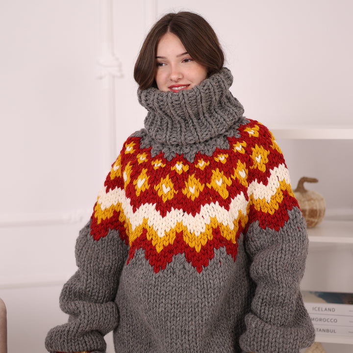 Hand Knitted Icelandic Wool Sweater, Chunky Nordic Fair Isle Turtleneck Sweater T2203
