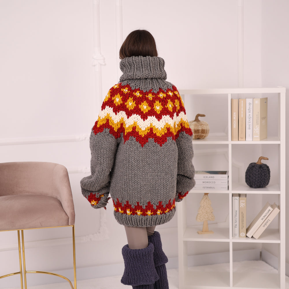 Hand Knitted Icelandic Wool Sweater, Chunky Nordic Fair Isle Turtleneck Sweater T2203