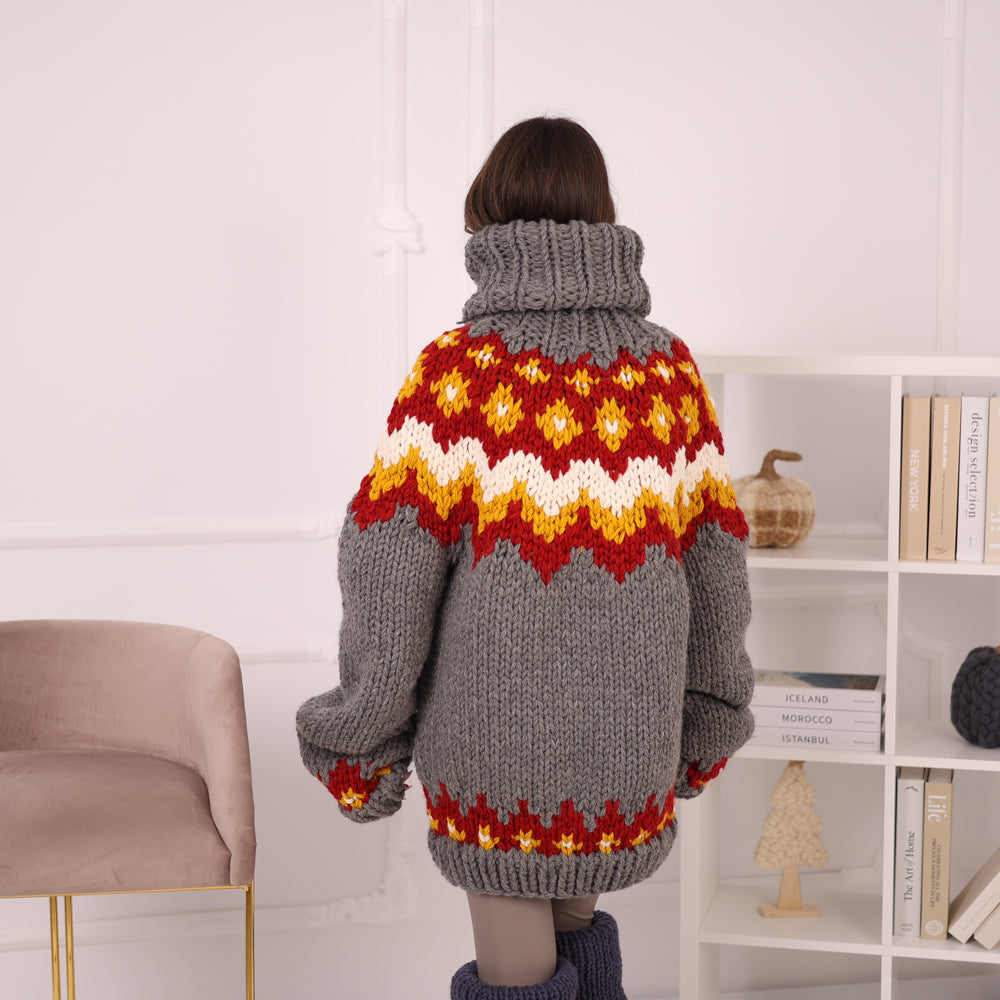 Hand Knitted Icelandic Wool Sweater, Chunky Nordic Fair Isle Turtleneck Sweater T2203