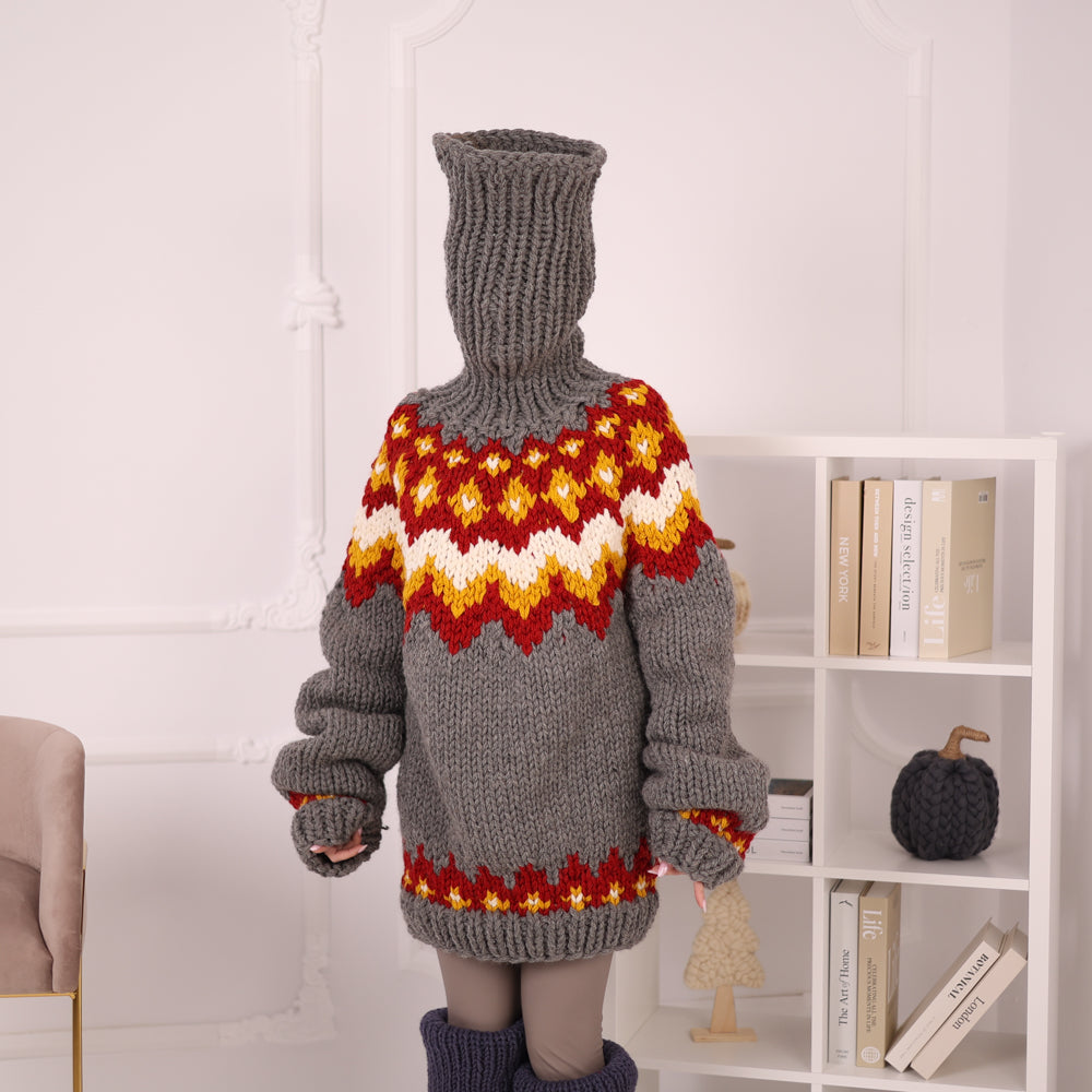Hand Knitted Icelandic Wool Sweater, Chunky Nordic Fair Isle Turtleneck Sweater T2203