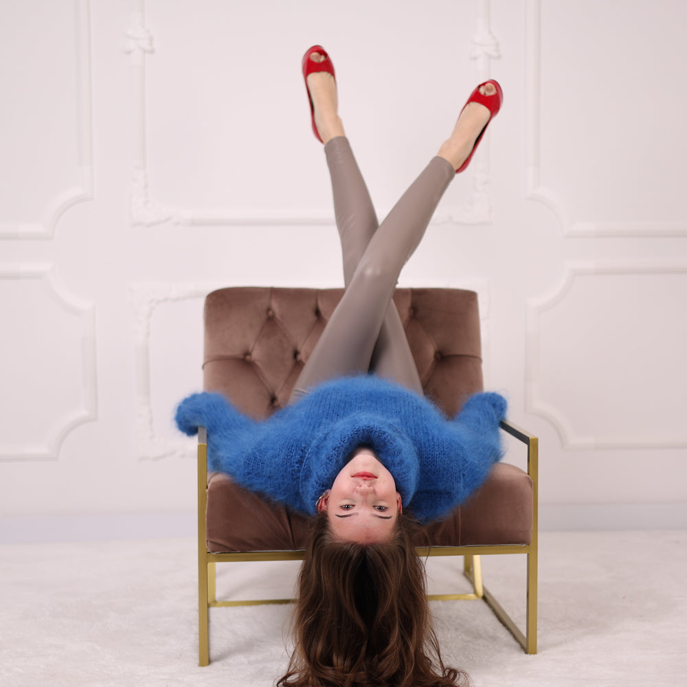 Hand Knitted Mohair Sweater, Blue Fluffy Turtleneck Knit Pullover, Soft Lightweight Sweater T2201