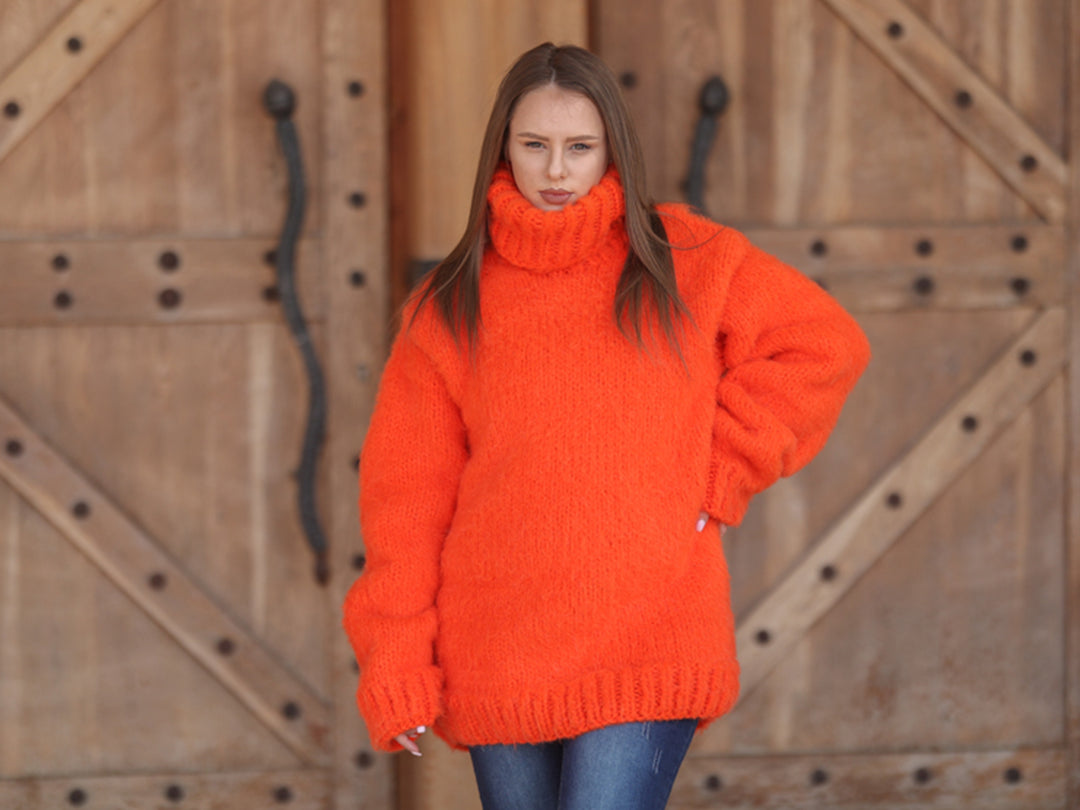 One available in size 3XL, Neon Orange Alpaca Sweater, 15 Strand Knit Turtleneck T2215
