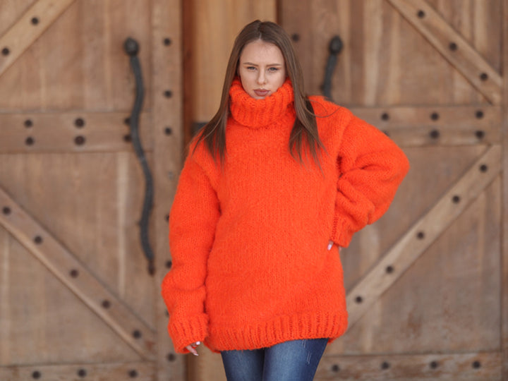 One available in size 3XL, Neon Orange Alpaca Sweater, 15 Strand Knit Turtleneck T2215
