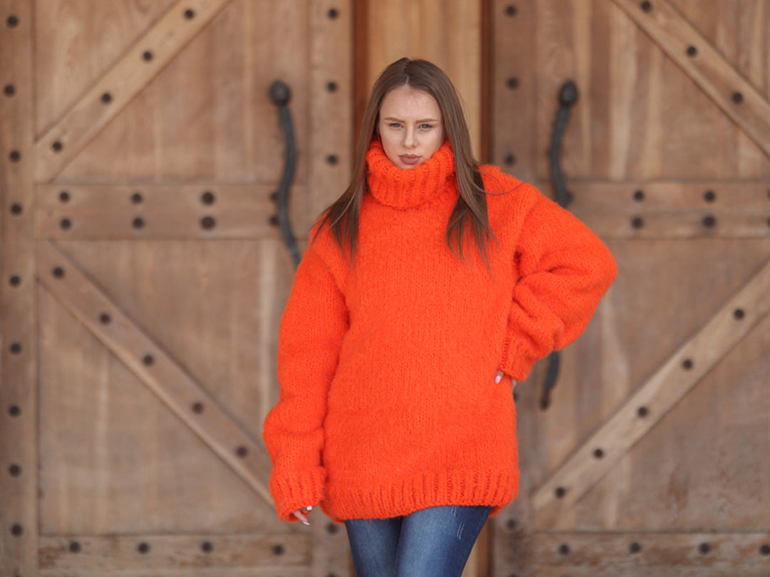 Neon Orange Alpaca Sweater, 15 Strand Knit, Soft Fluffy Texture, Chunky Turtleneck Fit T2215