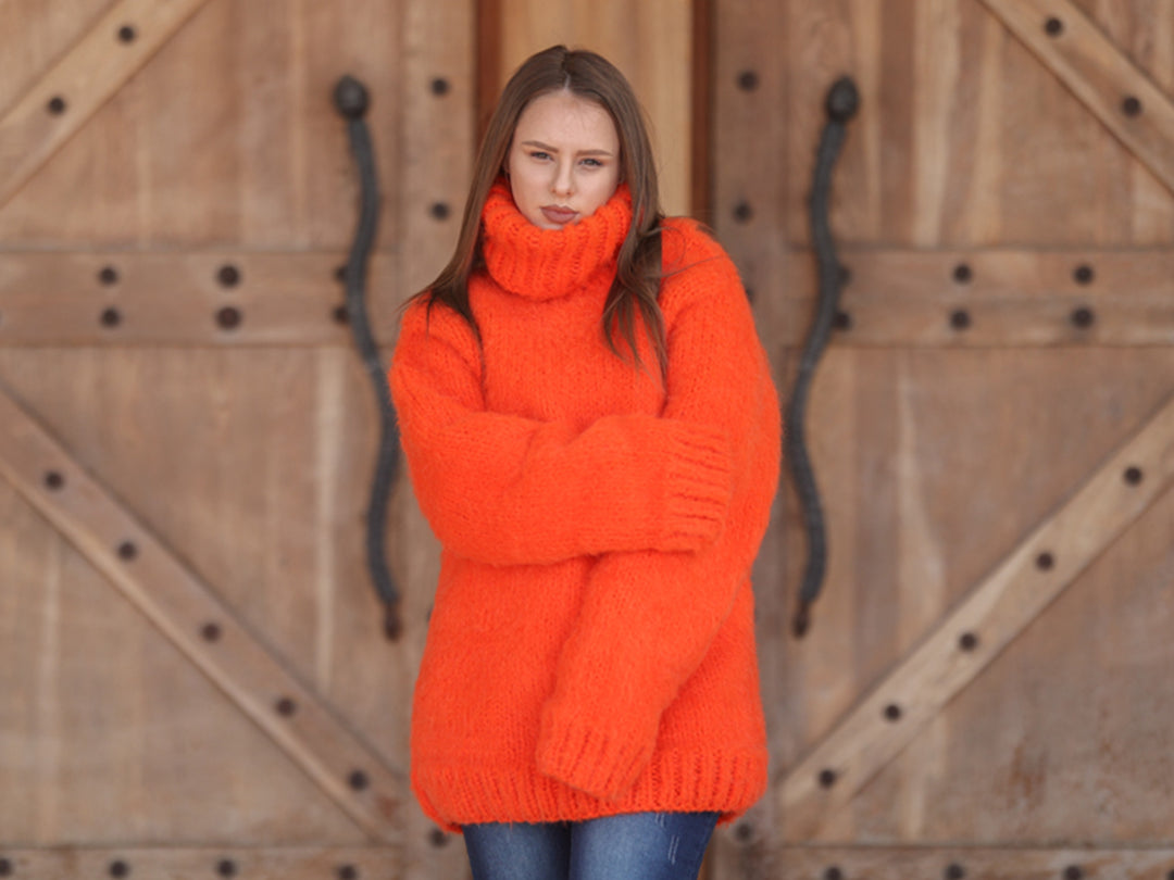 Neon Orange Alpaca Sweater, 15 Strand Knit, Soft Fluffy Texture, Chunky Turtleneck Fit T2215
