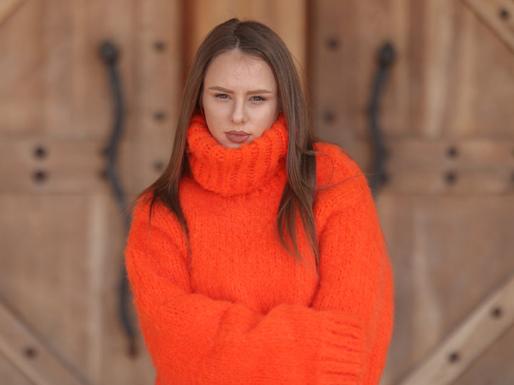 Neon Orange Alpaca Sweater, 15 Strand Knit, Soft Fluffy Texture, Chunky Turtleneck Fit T2215
