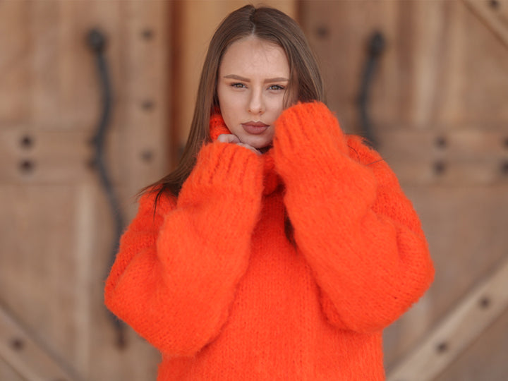 Neon Orange Alpaca Sweater, 15 Strand Knit, Soft Fluffy Texture, Chunky Turtleneck Fit T2215
