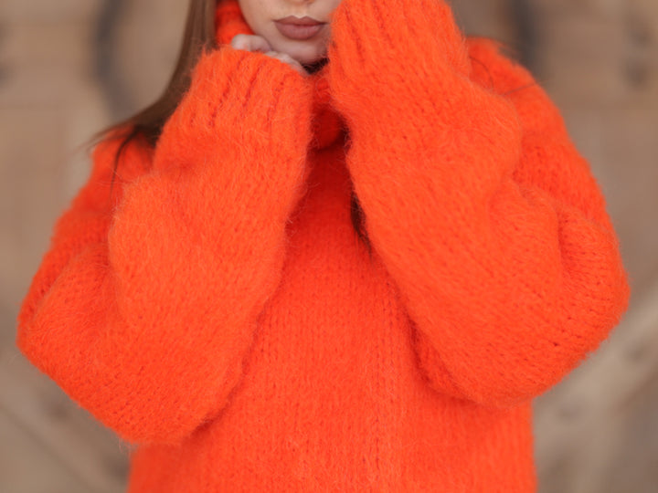 One available in size 3XL, Neon Orange Alpaca Sweater, 15 Strand Knit Turtleneck T2215