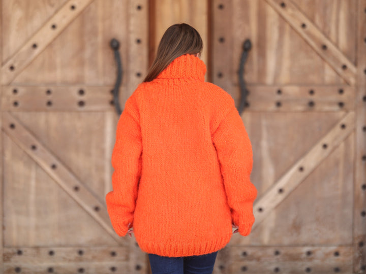 One available in size 3XL, Neon Orange Alpaca Sweater, 15 Strand Knit Turtleneck T2215