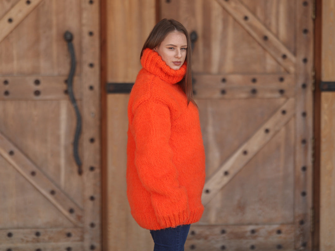 One available in size 3XL, Neon Orange Alpaca Sweater, 15 Strand Knit Turtleneck T2215