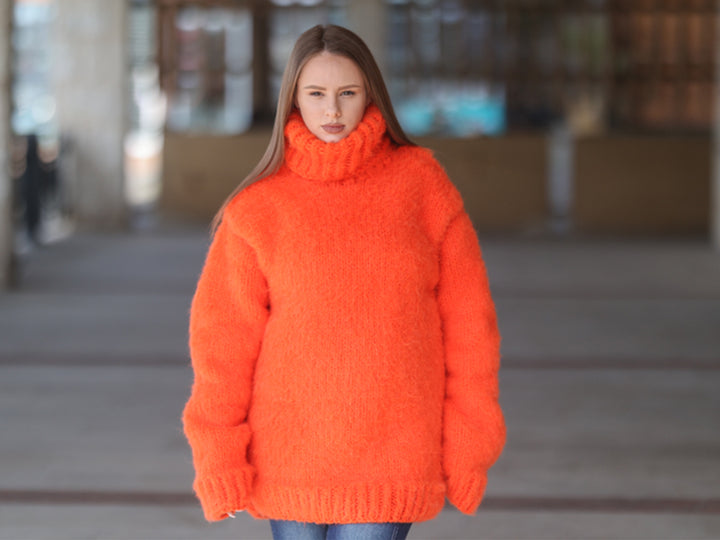 Neon Orange Alpaca Sweater, 15 Strand Knit, Soft Fluffy Texture, Chunky Turtleneck Fit T2215