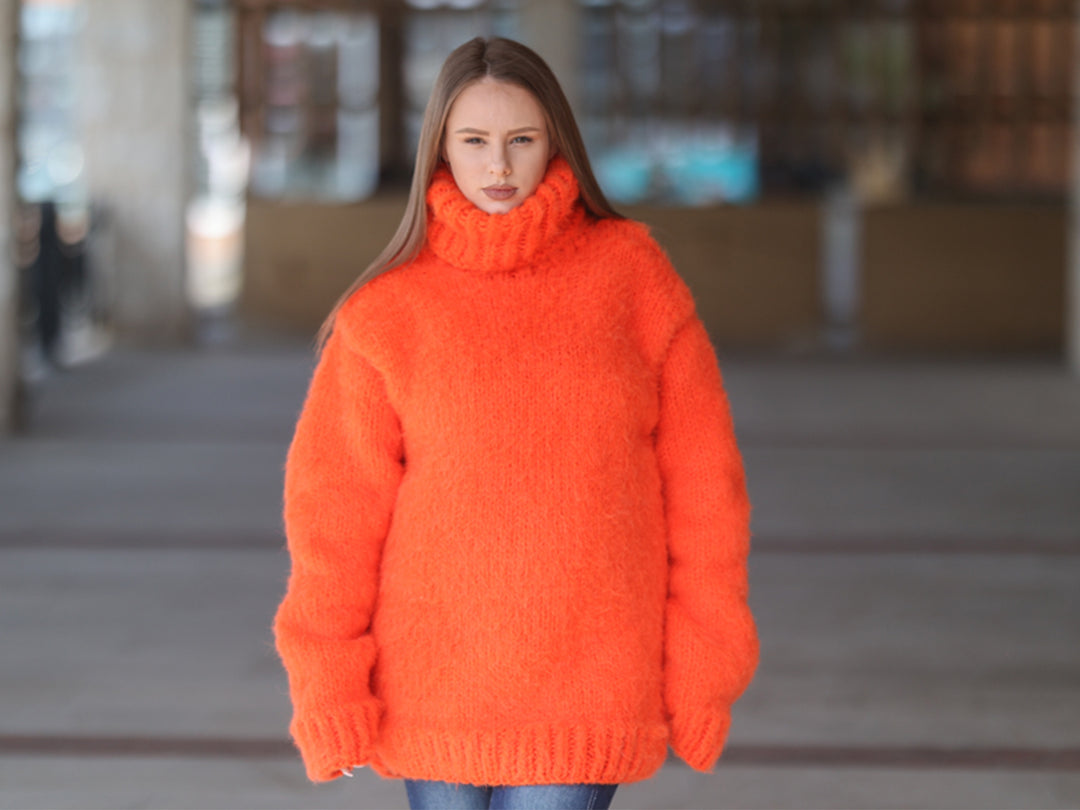 One available in size 3XL, Neon Orange Alpaca Sweater, 15 Strand Knit Turtleneck T2215