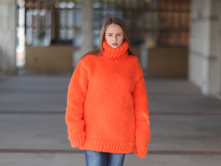 Neon Orange Alpaca Sweater, 15 Strand Knit, Soft Fluffy Texture, Chunky Turtleneck Fit T2215