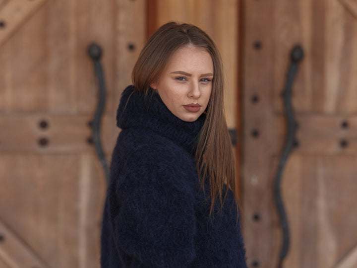 Baby Suri Alpaca Sweater, Fluffy Texture, Hand Knitted Turtleneck, Soft Warm Knit Fit T2218