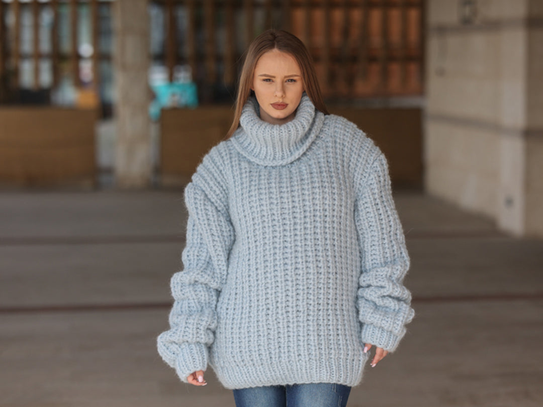 Blue Alpaca Sweater, 15 Strand English Rib Knit, Oversized Fit T2221