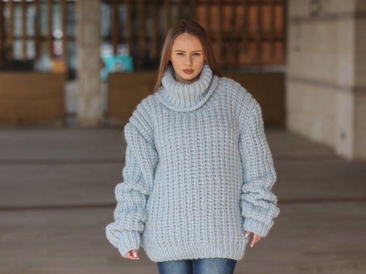 Blue Alpaca Sweater, 15 Strand English Rib Knit, Oversized Fit T2221