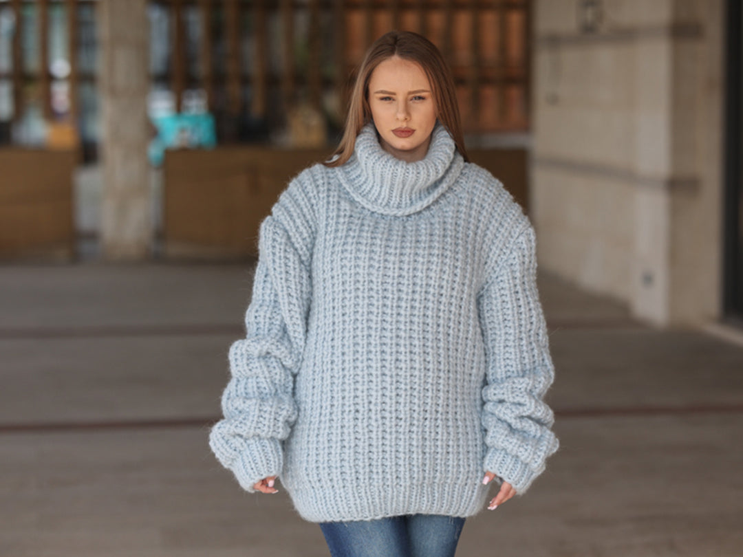One available in size 7XL,Blue Alpaca Sweater, 15 Strand English Rib Knit, Oversized Fit T2221