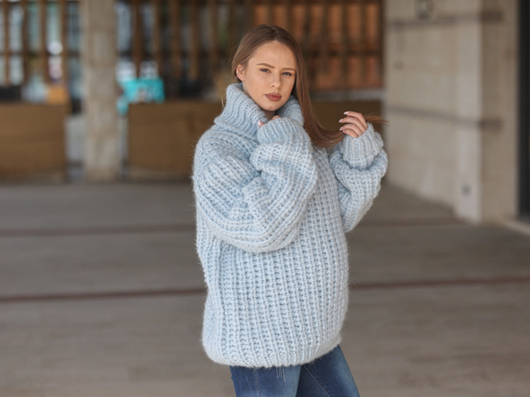 Blue Alpaca Sweater, 15 Strand English Rib Knit, Oversized Fit T2221