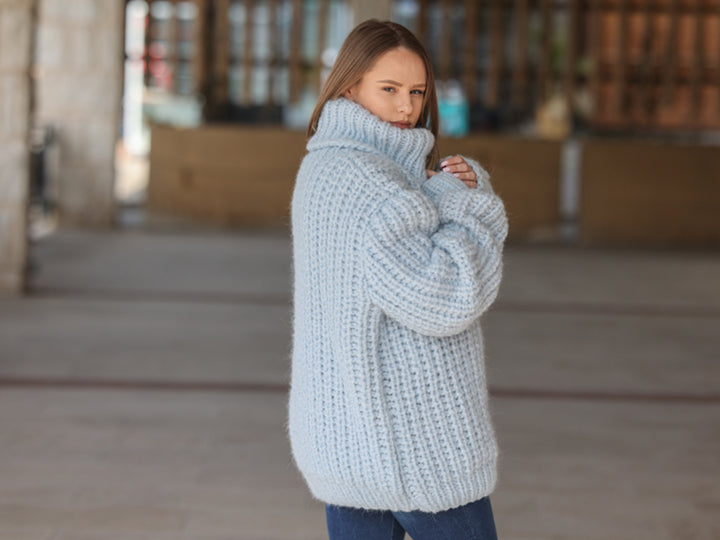 Blue Alpaca Sweater, 15 Strand English Rib Knit, Oversized Fit T2221