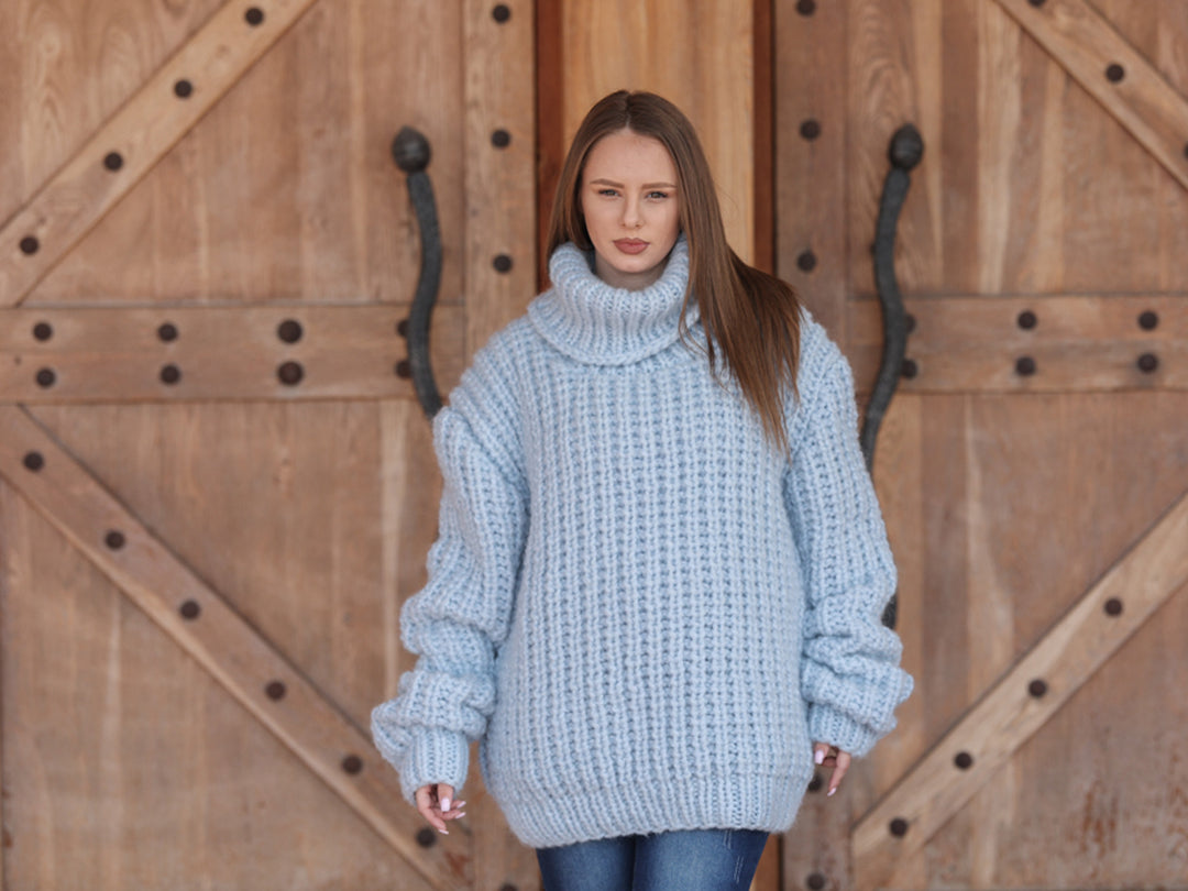 One available in size 7XL,Blue Alpaca Sweater, 15 Strand English Rib Knit, Oversized Fit T2221