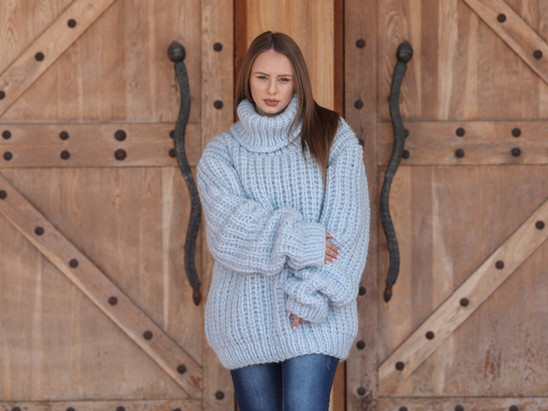 Blue Alpaca Sweater, 15 Strand English Rib Knit, Oversized Fit T2221