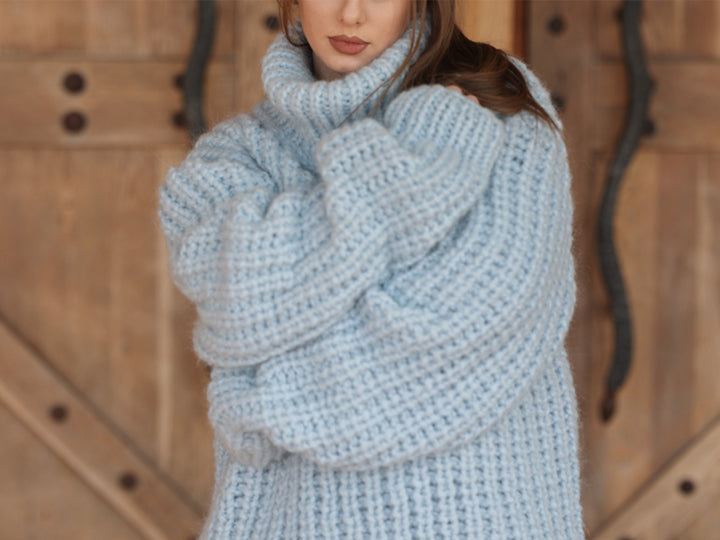 One available in size 7XL,Blue Alpaca Sweater, 15 Strand English Rib Knit, Oversized Fit T2221