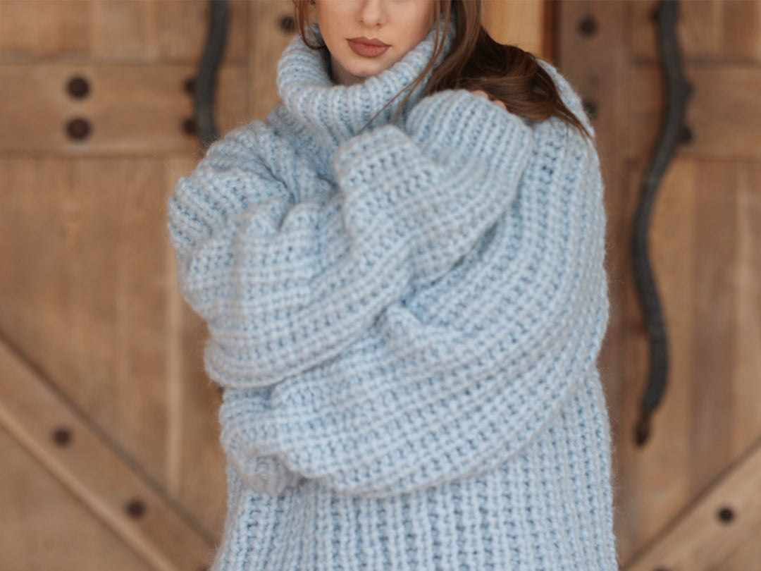 Blue Alpaca Sweater, 15 Strand English Rib Knit, Oversized Fit T2221