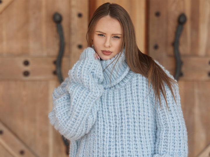 Blue Alpaca Sweater, 15 Strand English Rib Knit, Oversized Fit T2221