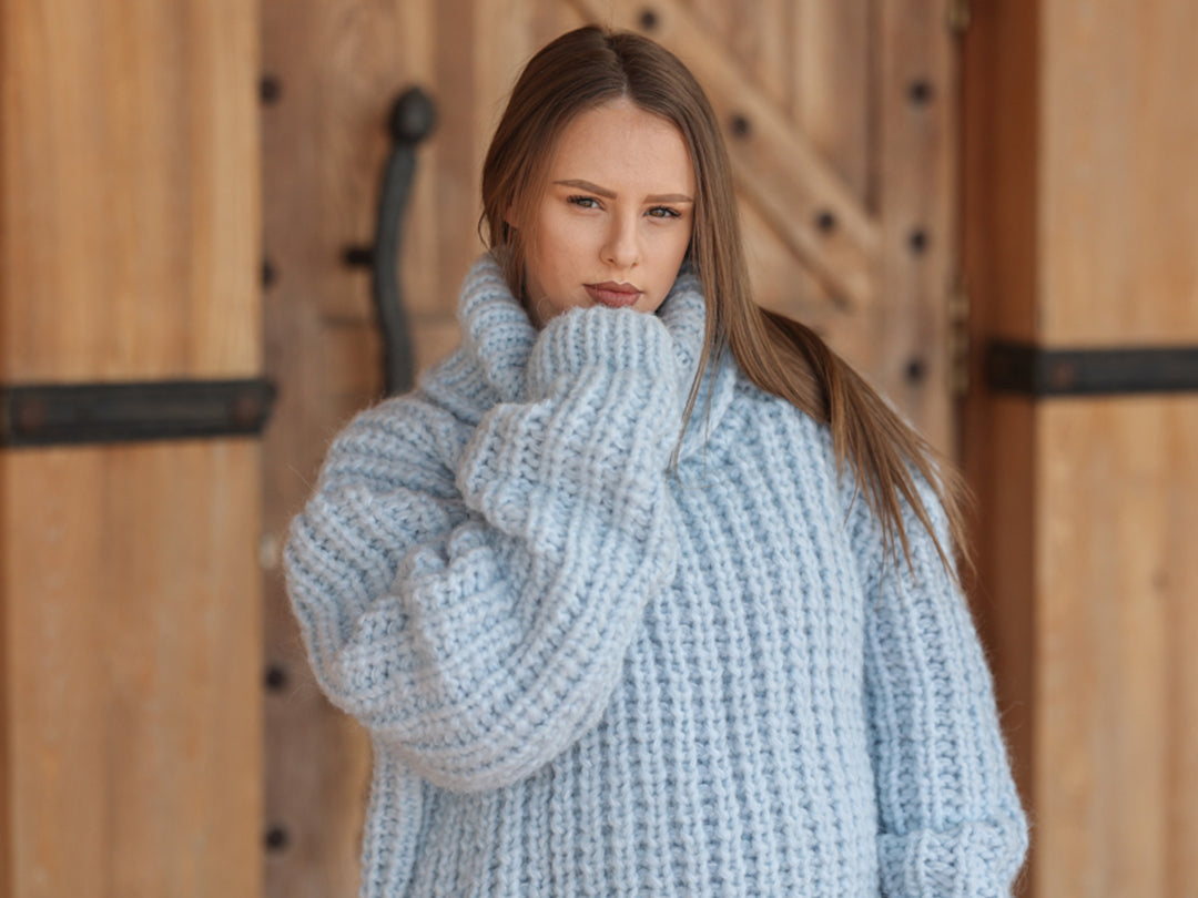 Blue Alpaca Sweater, 15 Strand English Rib Knit, Oversized Fit T2221