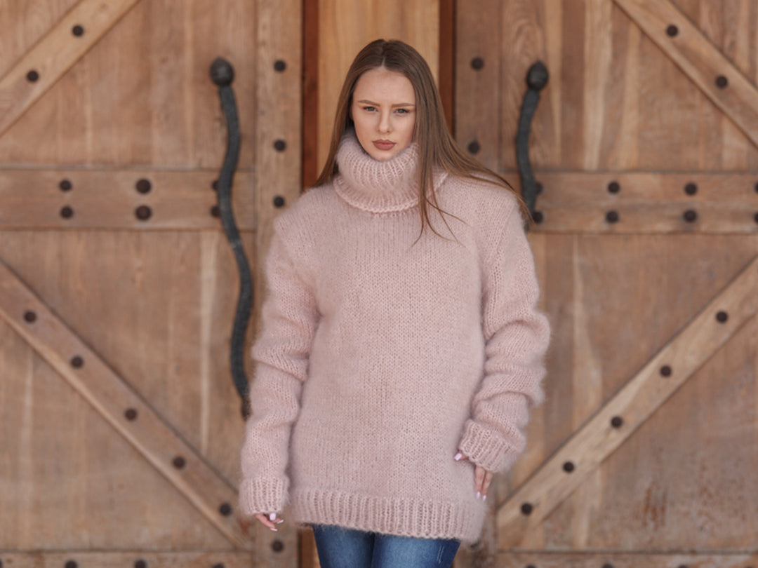 Kid Mohair Turtleneck Sweater, 10 Strand Knit, Fluffy Texture, Hand Knitted Soft Fit T2216