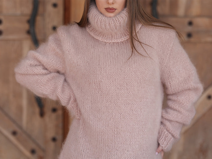 Kid Mohair Turtleneck Sweater, 10 Strand Knit, Fluffy Texture, Hand Knitted Soft Fit T2216