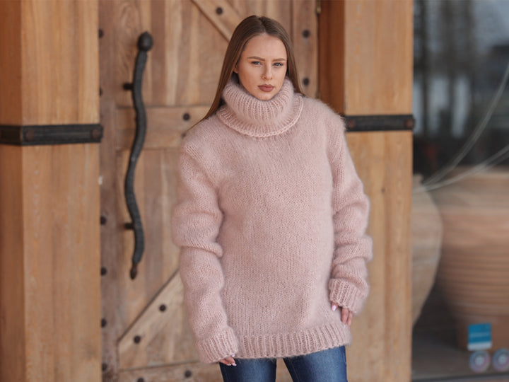 Kid Mohair Turtleneck Sweater, 10 Strand Knit, Fluffy Texture, Hand Knitted Soft Fit T2216