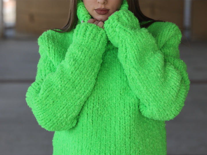 Neon Green Chunky Sweater, Boucle Texture, Alpaca Wool Blend, Hand Knitted Crewneck T2213