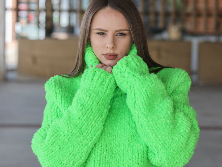Neon Green Chunky Sweater, Boucle Texture, Alpaca Wool Blend, Hand Knitted Crewneck T2213