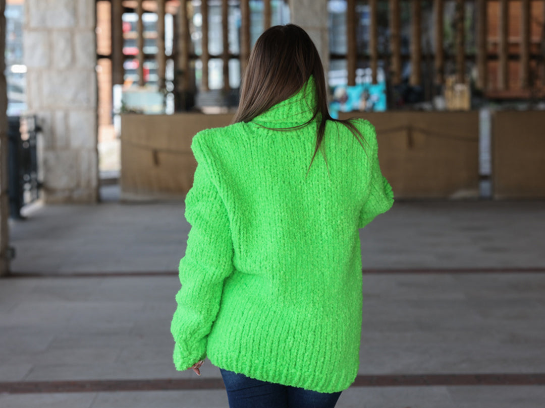 Neon Green Chunky Sweater, Boucle Texture, Alpaca Wool Blend, Hand Knitted Crewneck T2213