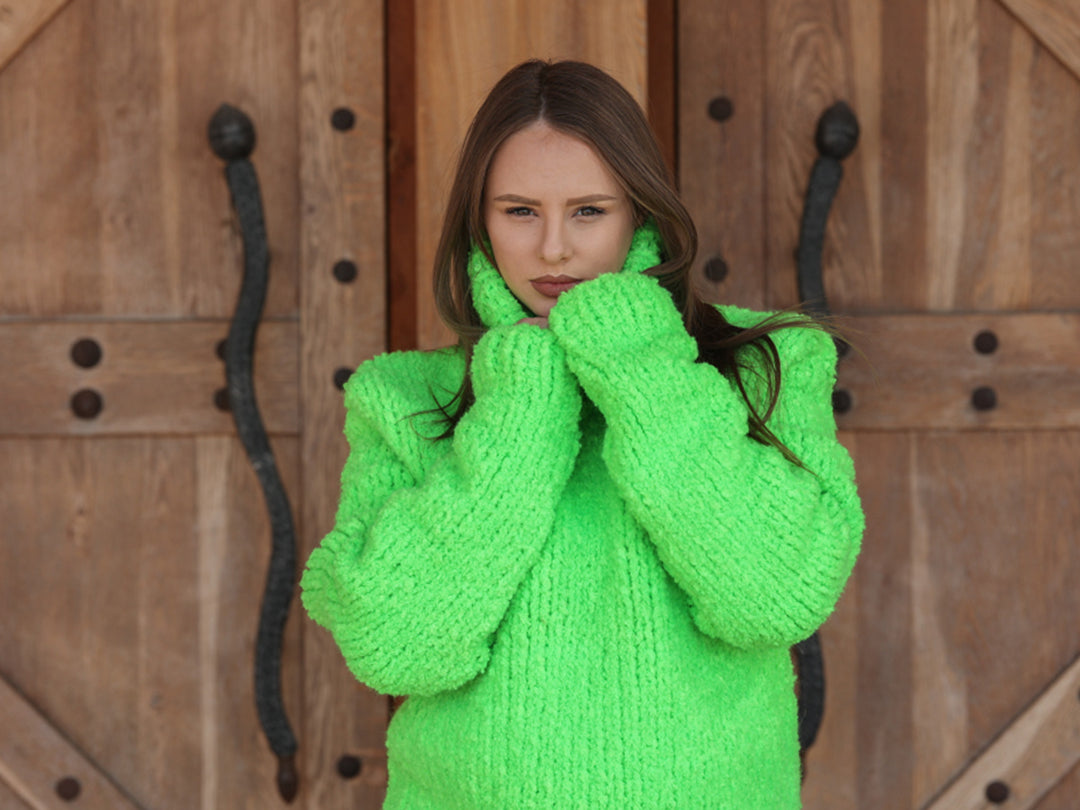 Neon Green Chunky Sweater, Boucle Texture, Alpaca Wool Blend, Hand Knitted Crewneck T2213