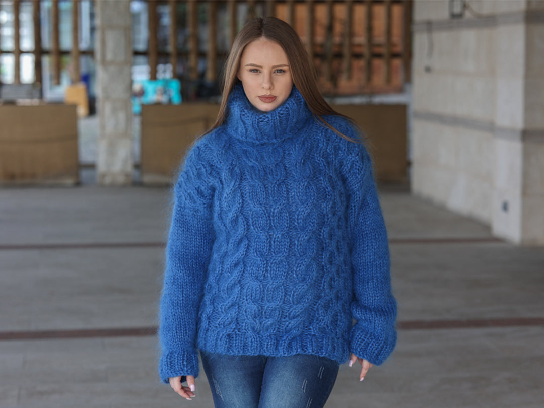 Blue Mohair Sweater, Cable Knit Turtleneck, 3 Strand Hand Knitted Pullover, Soft Fluffy Texture T2222