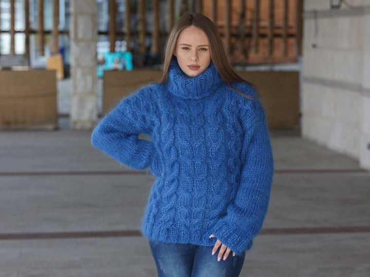 Blue Mohair Sweater, Cable Knit Turtleneck, 3 Strand Hand Knitted Pullover, Soft Fluffy Texture T2222