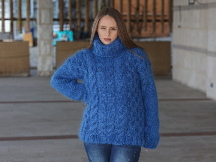Blue Mohair Sweater, Cable Knit Turtleneck, 3 Strand Hand Knitted Pullover, Soft Fluffy Texture T2222